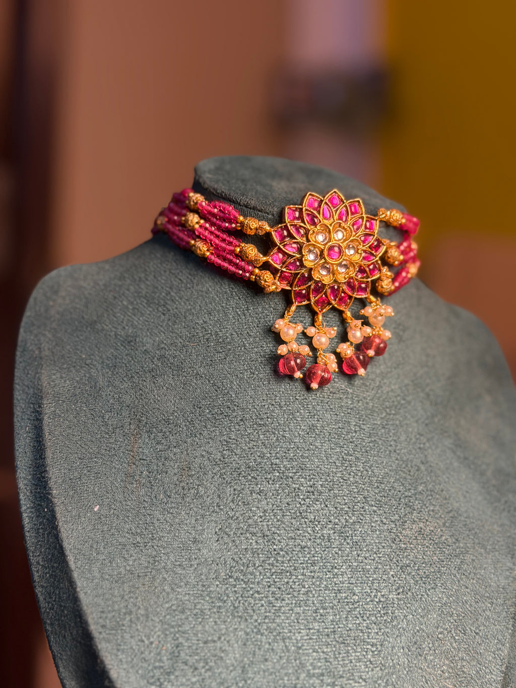 Pink Bead Flower Choker