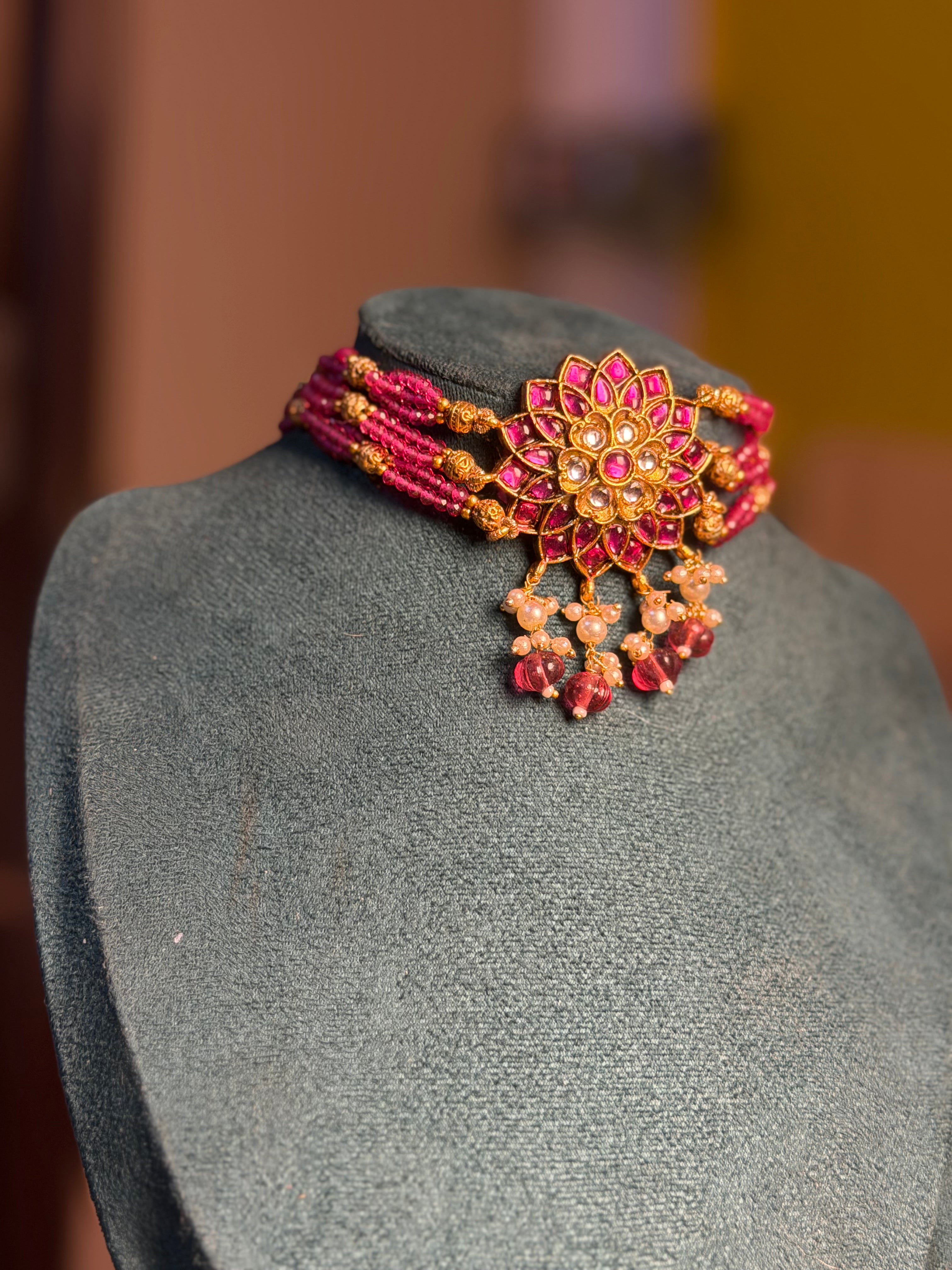 Pink Bead Flower Choker