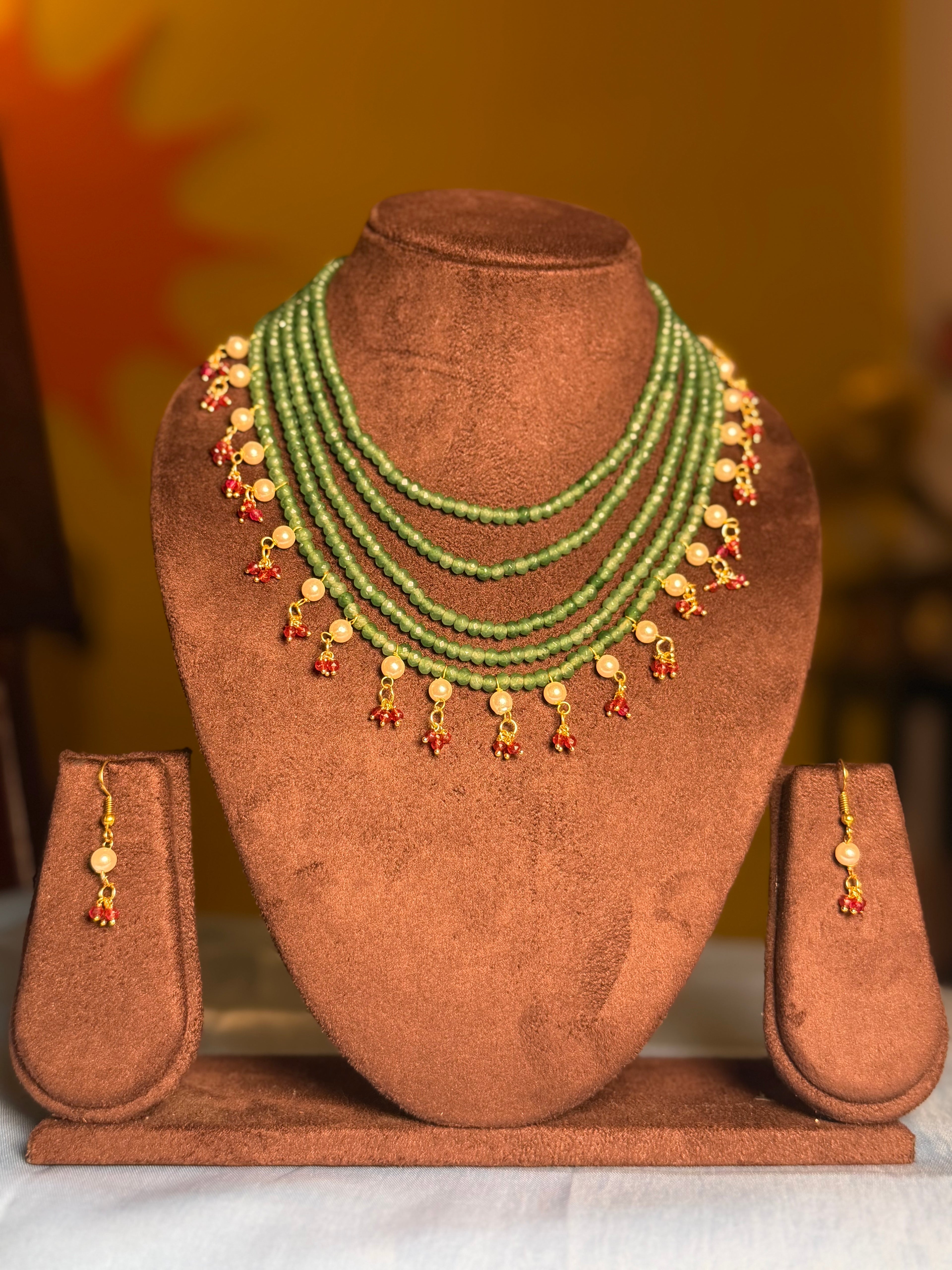 Emerald Panna Pearl Cascade Necklace Set