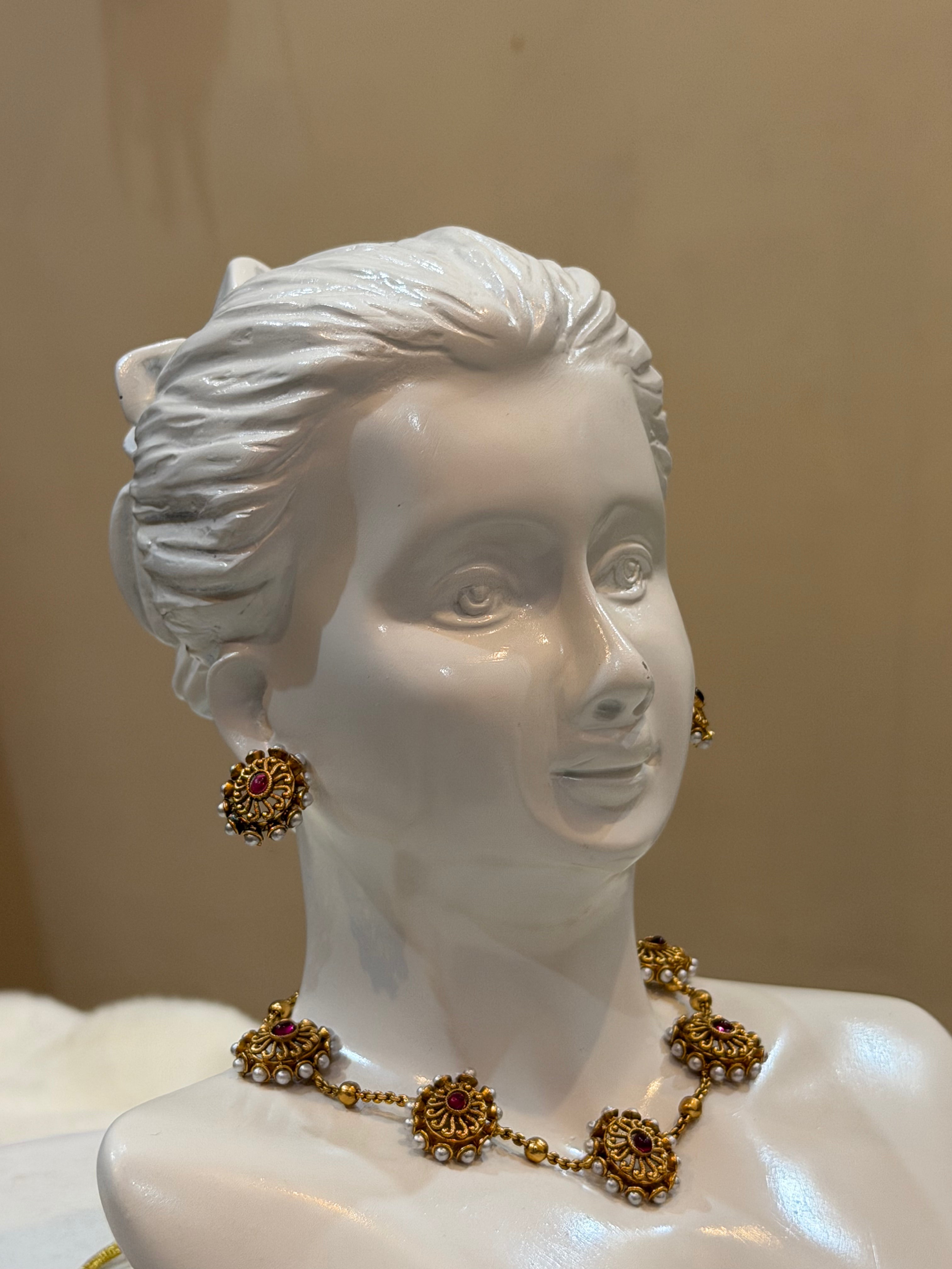 Antique Floral Pearl Ruby Necklace Set