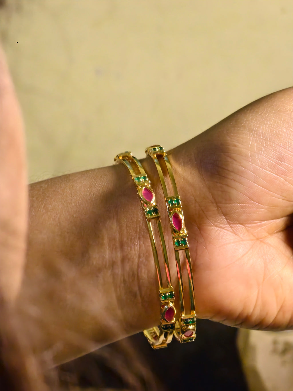 Double Stone Green-Ruby Single Bangles-4 in each Set