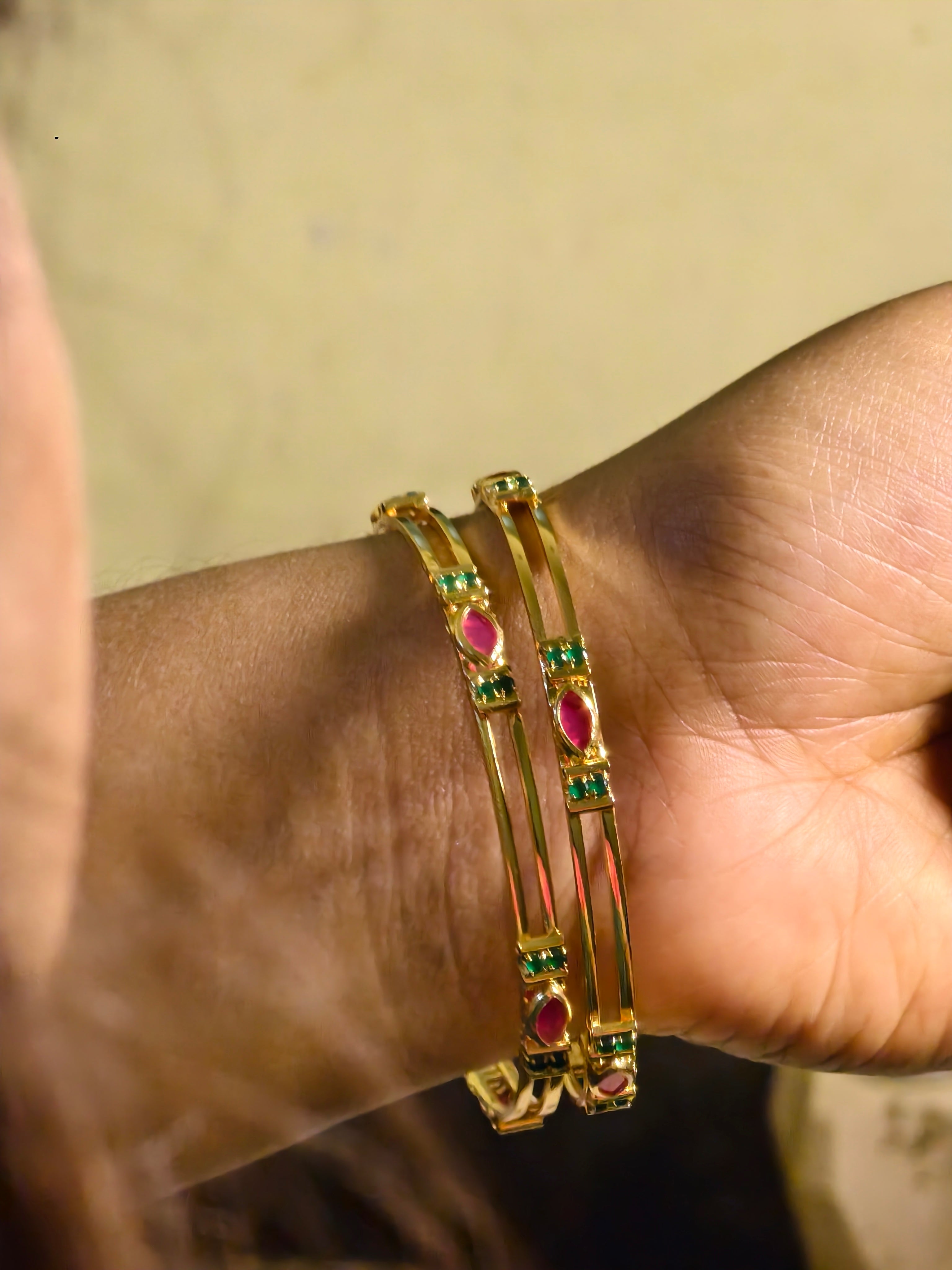 Double Stone Green-Ruby Single Bangles-4 in each Set