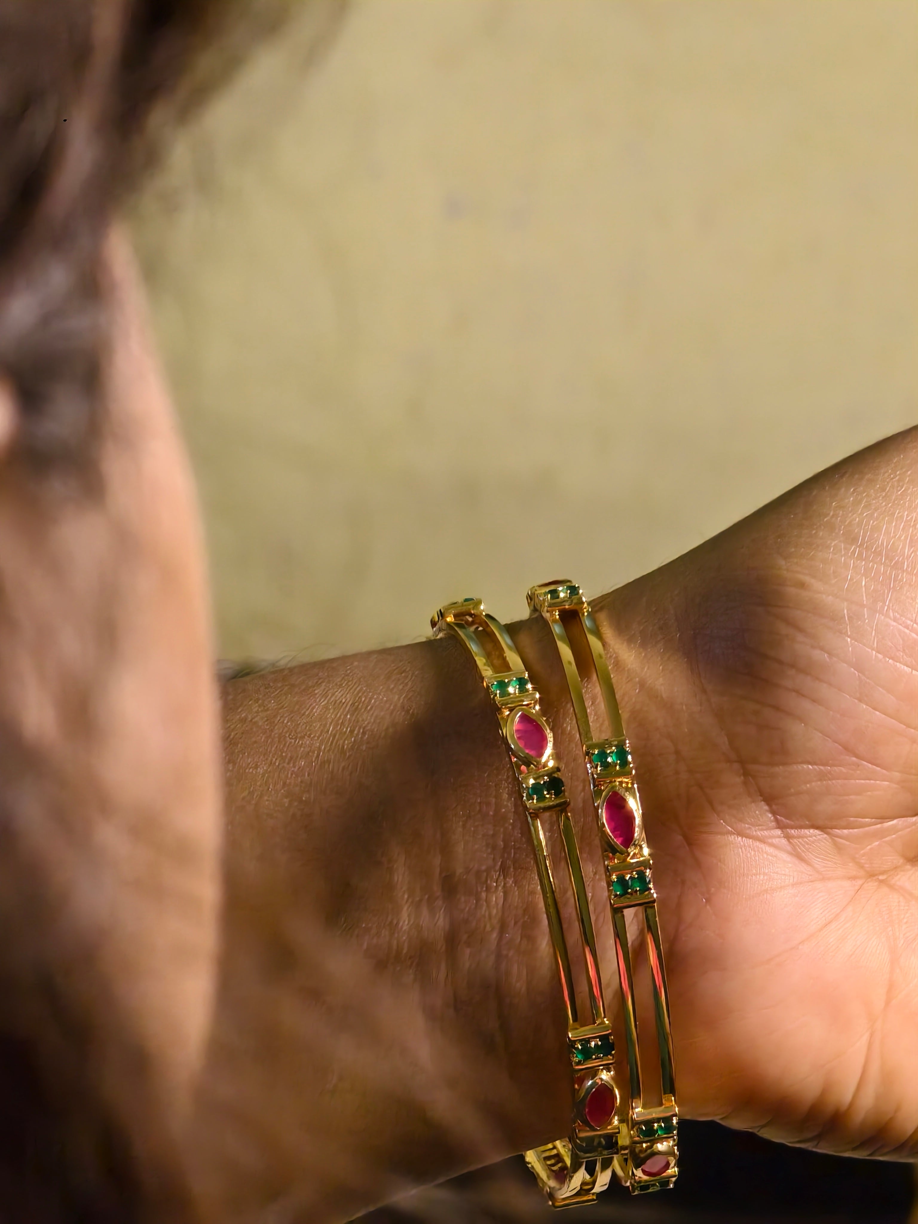 Double Stone Green-Ruby Single Bangles-4 in each Set