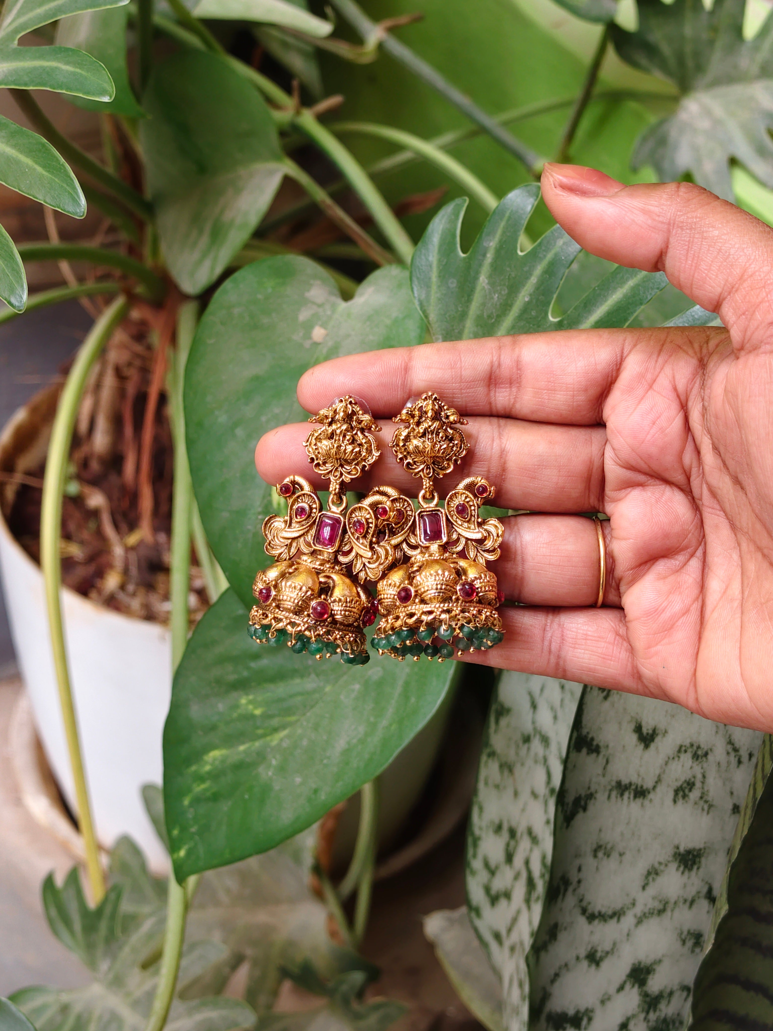 Temple Jhumkas with Green Bead Drops