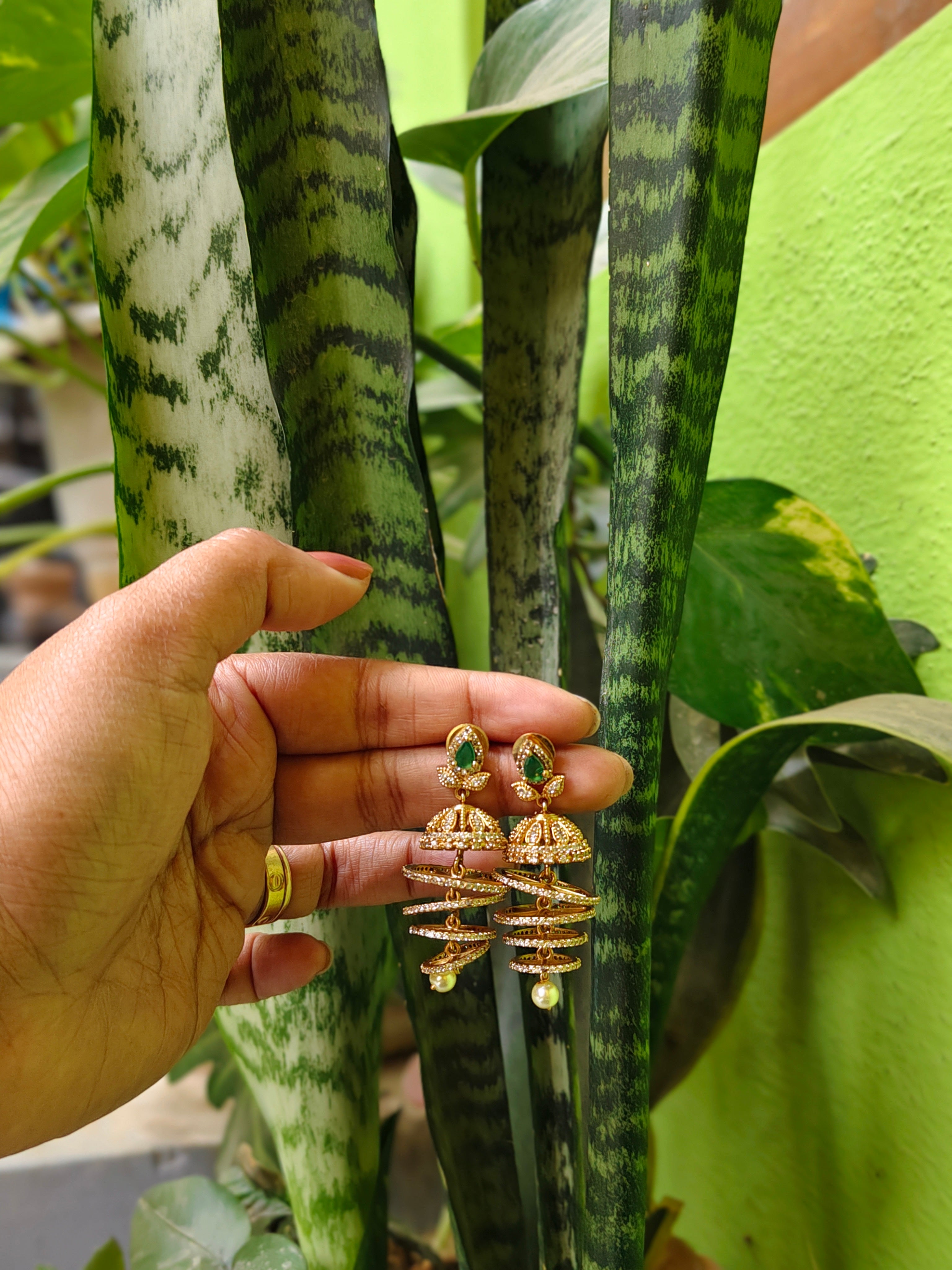 Layered Spiral Jhumka Earrings withStone & Pearl Drop