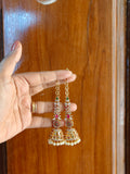 Elegant Long Ear Chain Jhumkas with CZ & Pearl Drops
