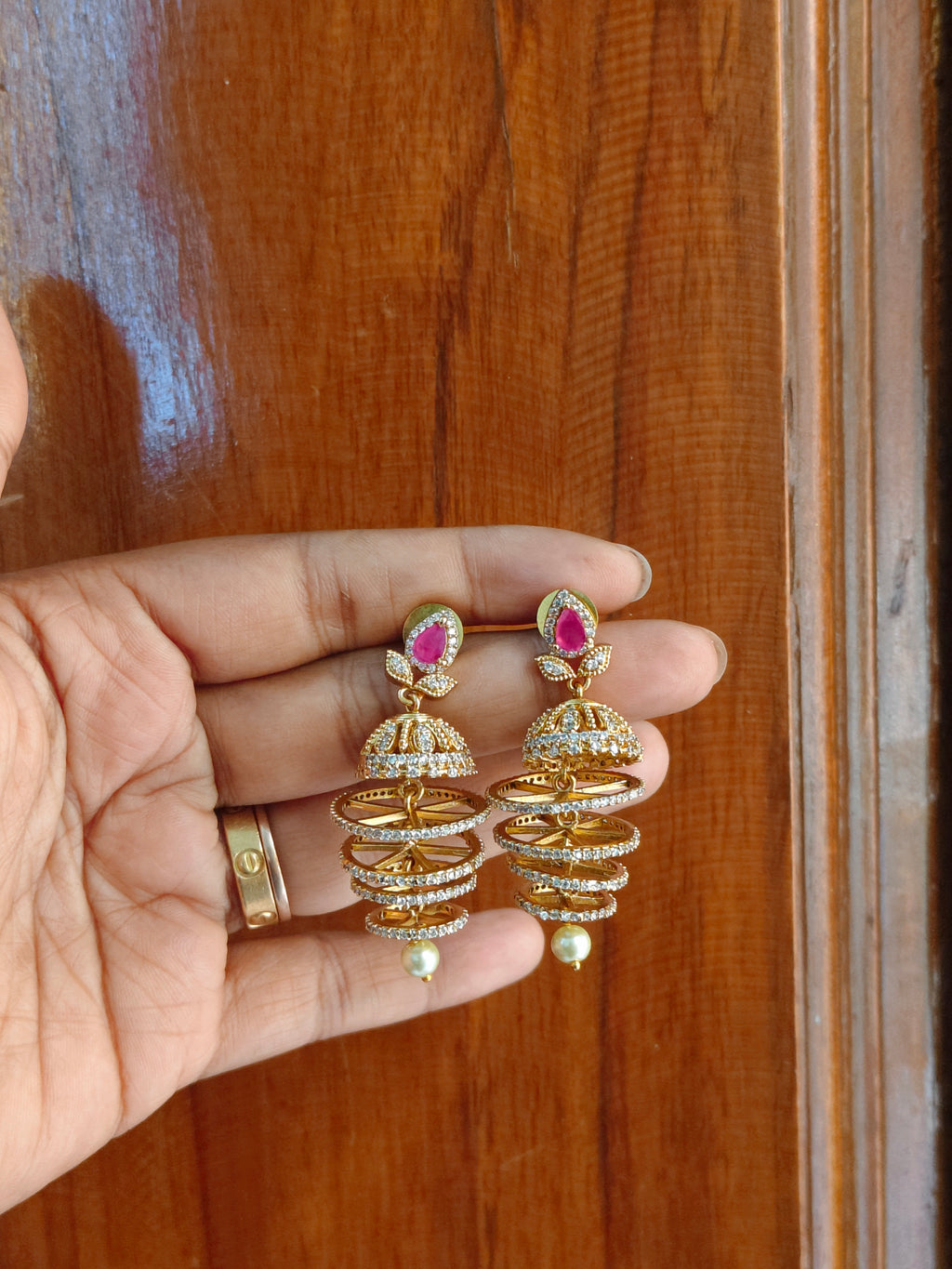Layered Spiral Jhumka Earrings withStone & Pearl Drop