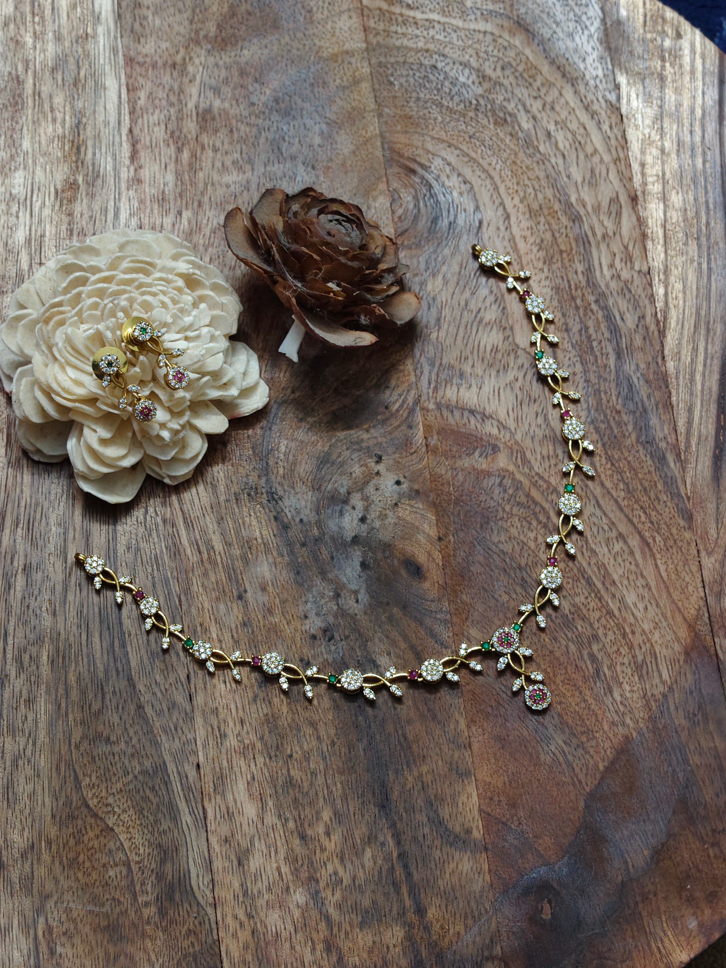 Floral CZ Gold-Finish Necklace with Matching Earrings