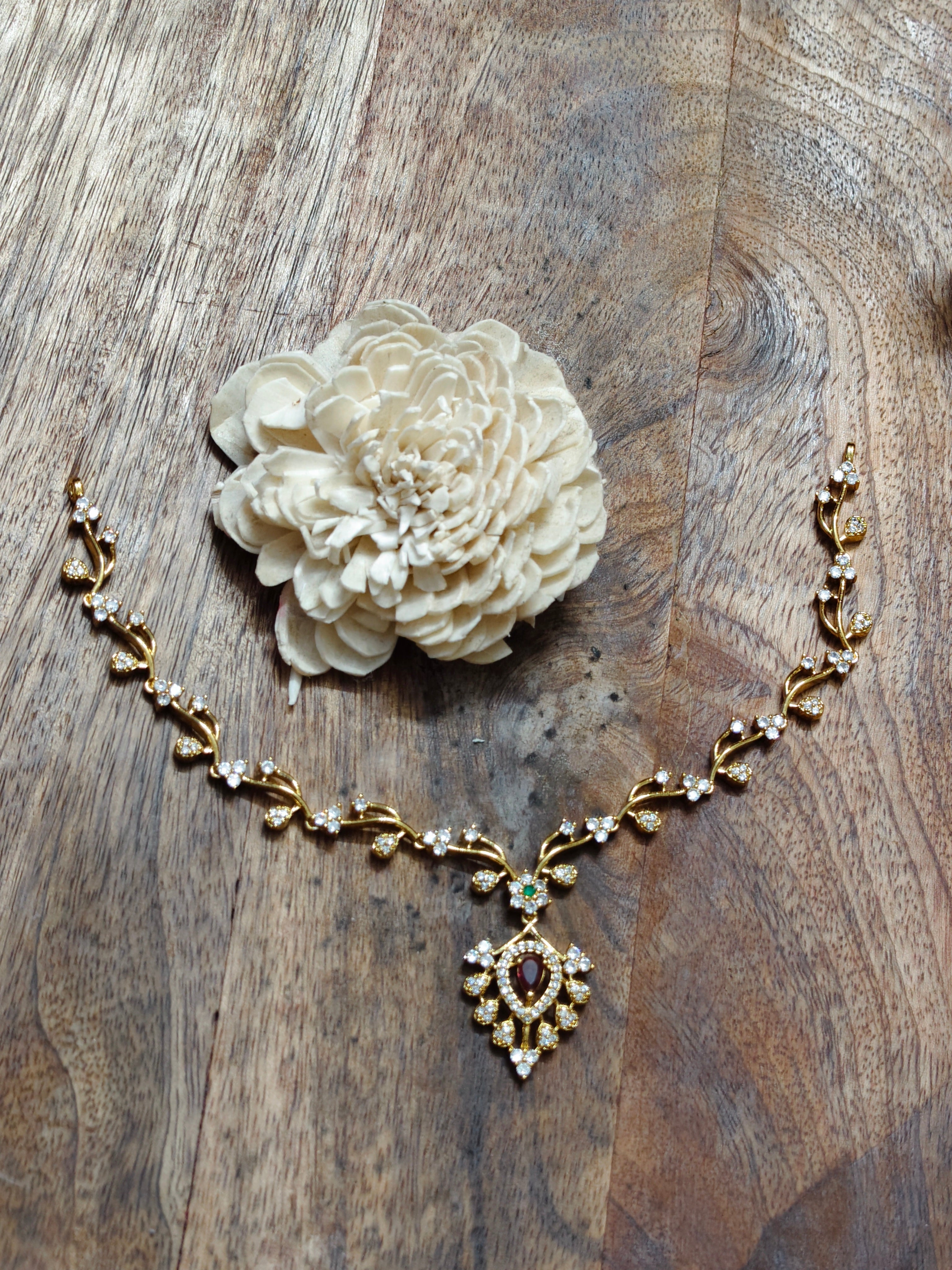 Ruby-Tone Floral CZ Gold-Finish Necklace